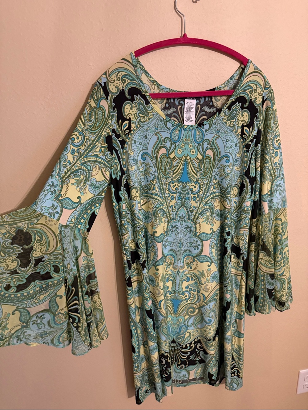 Paisley Bell-Sleeve Women's Top in Mint & Black